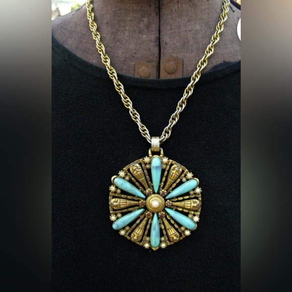 Vintage Clown Face Faux Turquoise Lucite Medallion Necklace - Picture 1 of 6